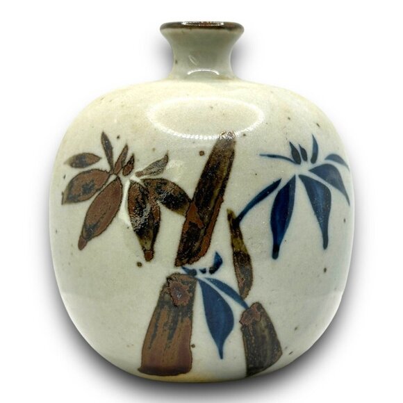 Vintage Earth Tone Bamboo Theme Decorative Stoneware Pot Bud Vase Speckled EUC - Picture 1 of 6